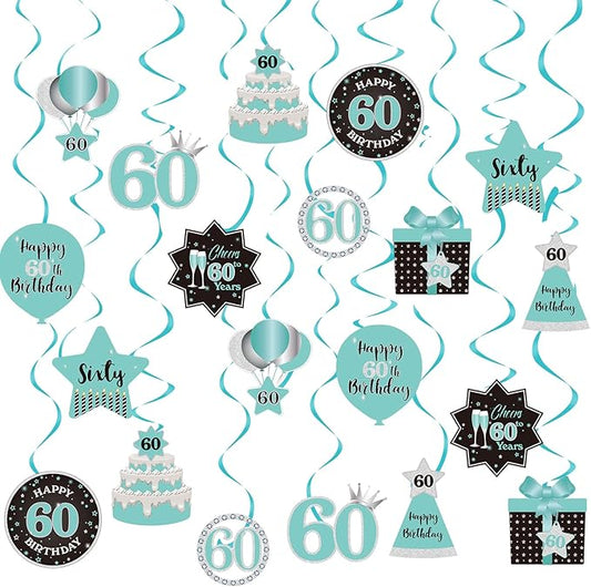 Happy 60th Birthday Party Hanging Swirls Streams Ceiling Decorations, Celebration 60 Foil Hanging Swirls with Cutouts for 60 Years Teal Silver Black Blue Birthday Party Decorations Supplies