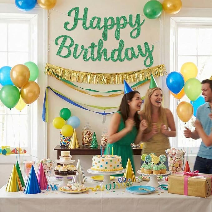 Glitter Happy Birthday Banner and Sign, Reusable Birthday Party Garland Wall Backdrop Banners, DIY Party Supplies Hanging Decorations for All Celebrations (Green)