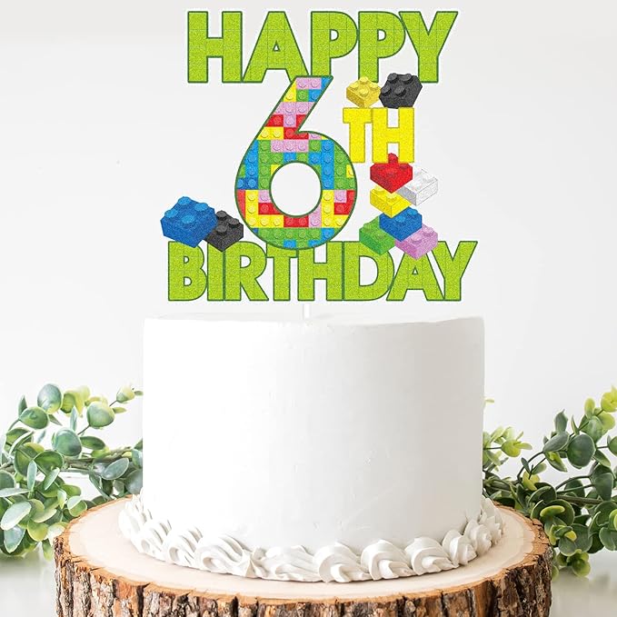 Happy 6th Birthday Building Block Cake Topper - Puzzle Games Boy's 6th Birthday Party Green Cake Topper Supplies - Building Block Party Decoration For Boy