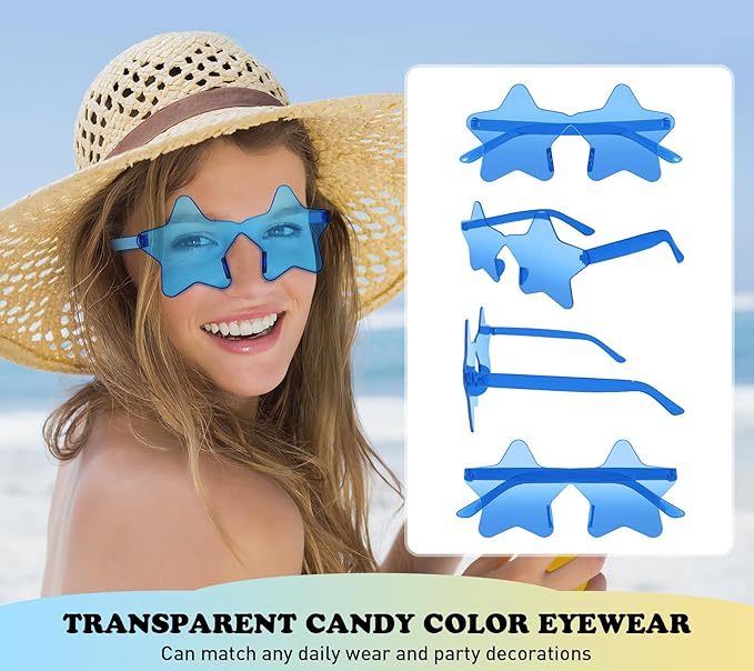 SUNOVELTIES 16/48 Star Rimless Sunglasses Irregular One Piece Colored Party Glasses Transparent Fun sunglasses for Teen Adult