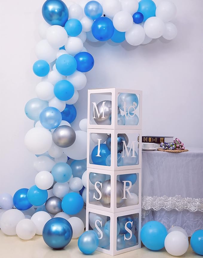 Fonder Mols 4pcs White Transparent Balloon Boxes with Letters MISS TO MRS for Wedding Bridal Shower Engagement Cake Smash Backdrop(No Balloons)