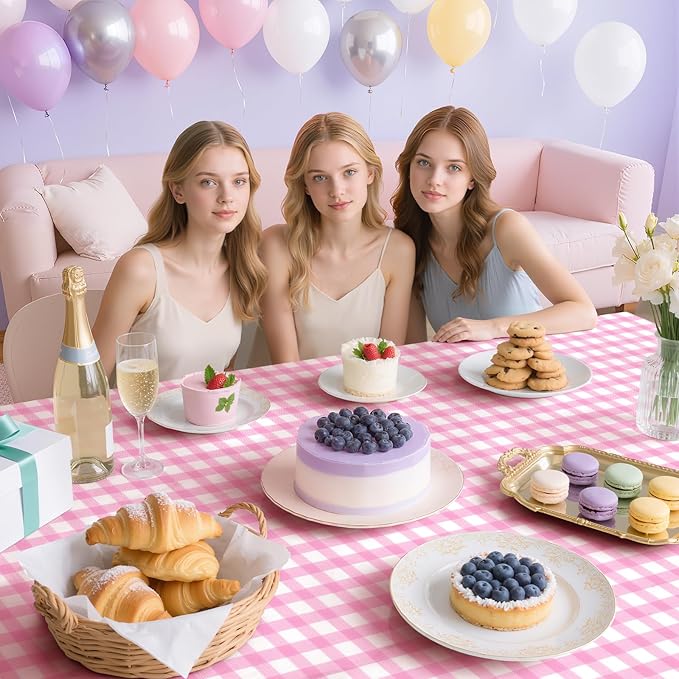 2 Pack Pink Striped Gingham Tablecloths, 54 x 108 Inch Disposable Plastic Rectangle Table Covers, Waterproof Pink and White Checkered Pink Table Cloths for Picnic, Birthday, Party, Outdoor Events
