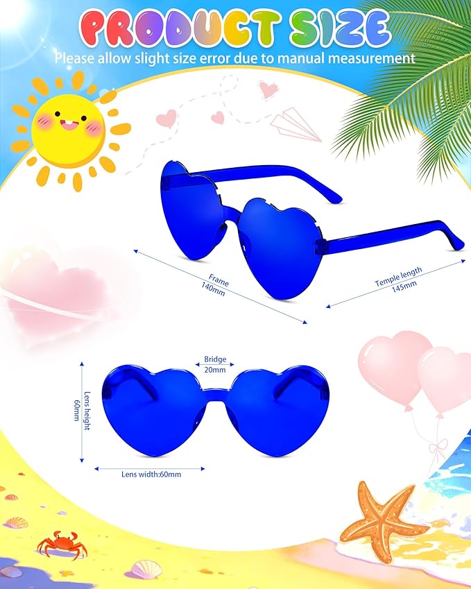 12 Pairs Heart Shaped Sunglasses Candy Color Rimless Fun Heart Glasses for Women Party Favors