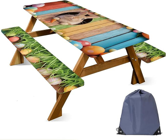 ANNA QUEEN 6FT Easter Bunny Picnic Table Cover with Bench Covers Picnic Table Cover Set 3PCS 72"x30", Outdoor Bench and Tablecloth Furniture Protection