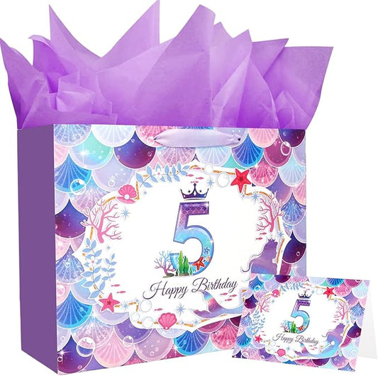 CIEHER 5th Birthday Gift Bags for Girls with Mermaid Greeting Card and Purple Tissue Papers for 5th Birthday Gifts