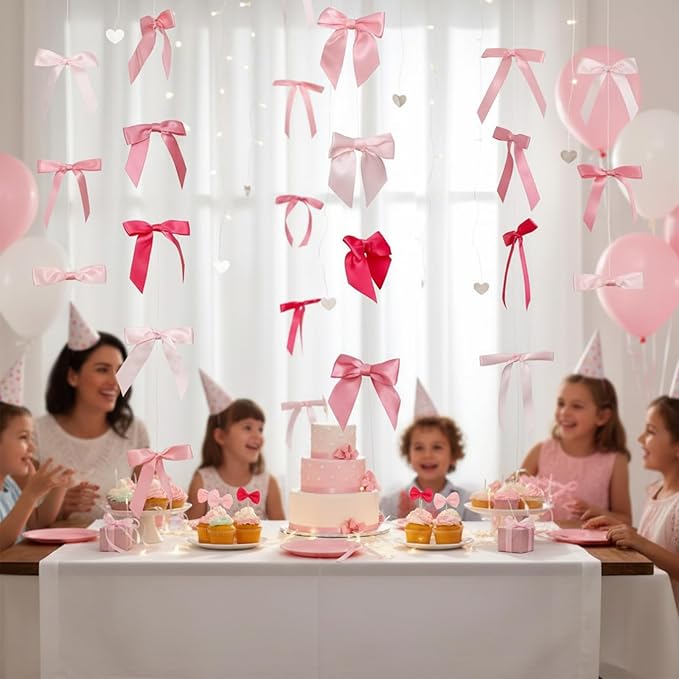 Taobary 8 Pcs 6.6 ft Bow Garland, Satin Ribbon Bow Banner Coquette Hanging Ornament for Photo Backdrop Birthday Party Wedding Bridal Baby Shower Wall Decorations(Bright Pink,Mix Size)