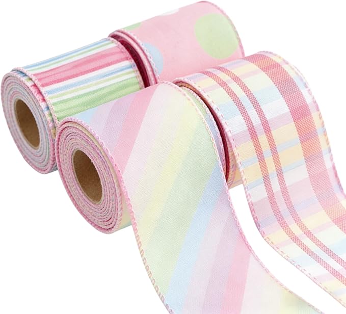 Meseey 4 Rolls Pastel Wired Ribbon, 2.5 Inch x 5 Yards Polka Dot/Plaid/Striped Ribbons for Easter Wreaths, Gift Wrapping,Baskets, Crafts, Spring Party Decorations