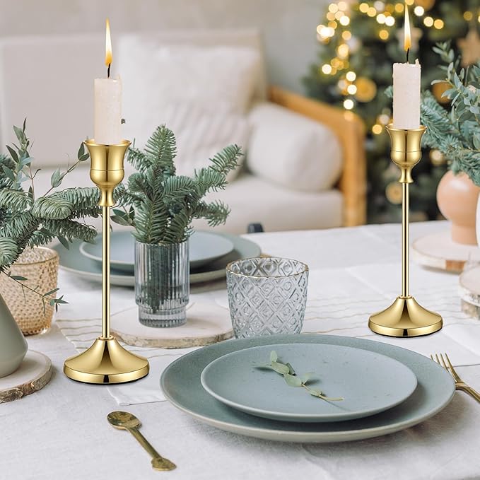 12 PCS Gold Metal Taper Candle Holders Bulk, Candlestick Holders, 7cm Diameter Taper Candle Holder Bulk for Table Centerpieces Candlesticks for Wedding Christmas Home Party Table Decor-23/19/16cm