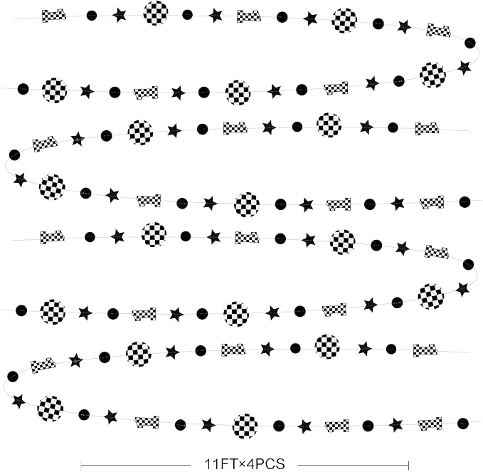 Fast One Birthday Decorations Black White Checkered Polka Dot Star Hanging Garland Banner for Checkered Race Car First Lap Around the Track Bday Talladega Nights 1st Birthday Decorations Supplies