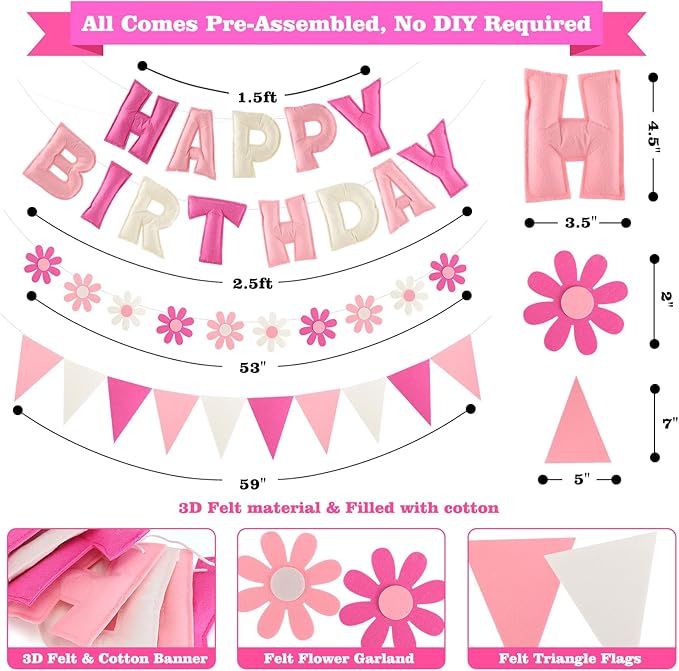 YEOCU Felt Birthday Decorations, NO DIY, Pre-Strung 3D Felt Happy Birthday Banner with Fabric Flower Garland, Colorful Triangle Flags, Birthday Party Decorations for Women Men Boys Girls (Pink&White)