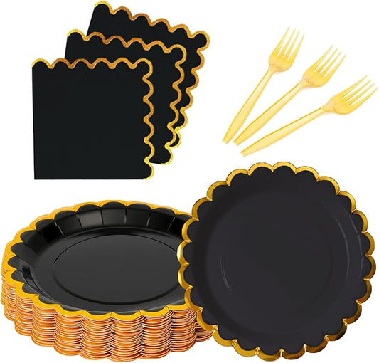 black & gold scalloped party plates with napkins and fork gold foil border, 24 Guest Black disposable Tableware Set Party Decoration for Birthday Coquette Bridal Baby Shower Valentines