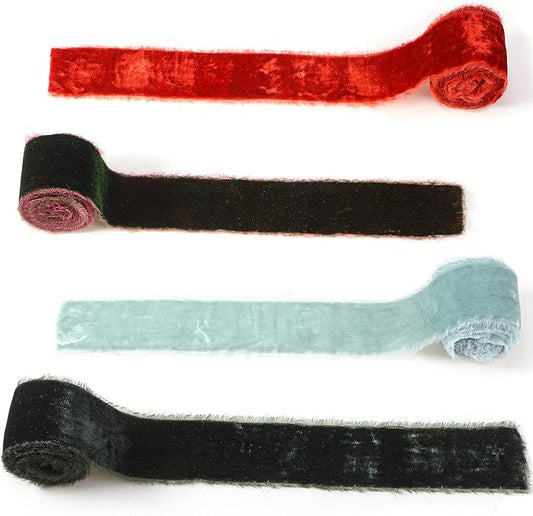 Canlierr 4 Roll Valentine's Day Silk Velvet Ribbon for Gift Wrapping Fringe Fabric Frayed Velvet Ribbon Raw Edge for Valentine Day Party Wedding Decor Bouquet Basket Hair(Classic Color,2 in X 8 yd)