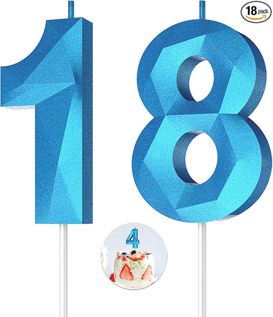 Number Birthday Candles(18 Candle Blue) 3D Diamond Shape Number Happy Birthday Cake Candles for Birthday Party Wedding Decoration Reunions Theme Party