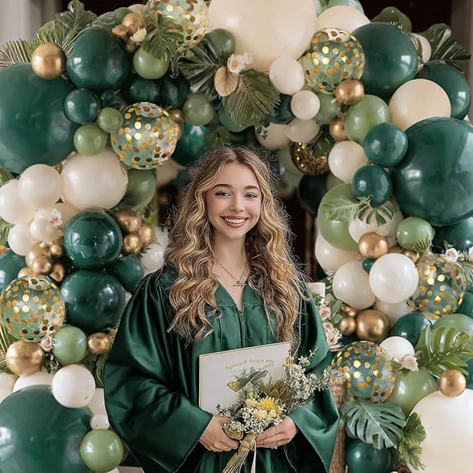 Emerald Green White Gold Balloons Arch Kit,Double Stuffed Dark Green Sage Dusty Olive Green Sand White Beige Chrome Gold Confetti Balloon for Birthday Graduation Wedding jungle Safari Party Decoration