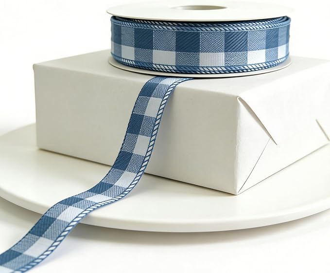 Meseey 7/8 Inch Blue and White Plaid Wired Ribbon, 10 Yards Patriotic Check Wired Edge Ribbon for Gift Wrapping, Crafts, Wreaths, Bouquets, Holiday & Home Decor