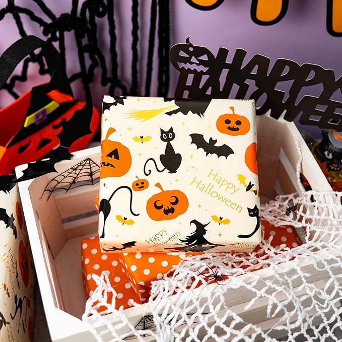 Burymento Reversible Halloween Wrapping Paper, Pumpkin, Witch Hat and Polka Dot Design, Suitable for Halloween, Christmas Nightmare Holidays, Parties, Mini Rolls (17 Inches X 32.8 Feet)