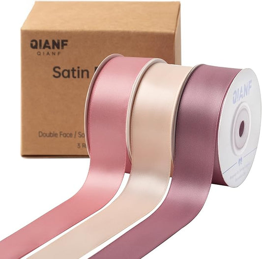 QIANF Dusty Rose Double Face Satin Ribbon 1 Inch x 45 Yards Champagne Pink/Rose Gold/Mauve Fabric Ribbon for Gift Wrapping, Flower Bouquets, Bows Making, Wedding Decor (3 Rolls *15Yd)