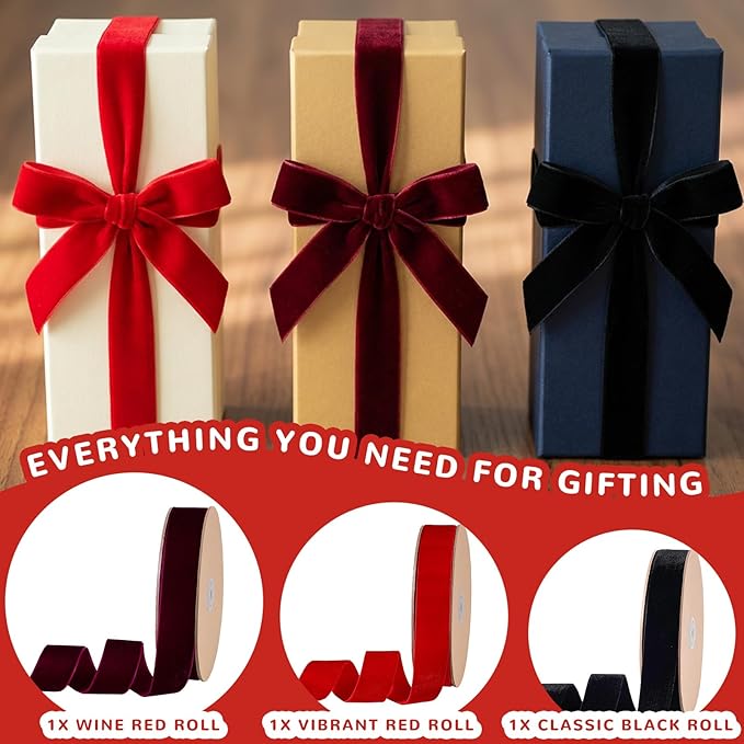 3 Pcs Rolls Velvet Ribbon Set, 33 Yards Red Burgundy Black. Valentine's Day Ribbon for Gift Wrapping, Wedding Decor, Crafts Bows and Holiday Decorations