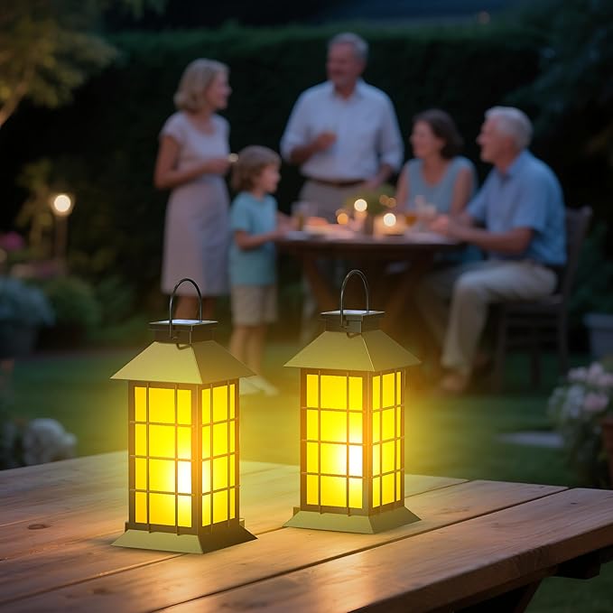 2 Pack 13" Black Solar Lantern with Flickering Flame Candle | Outdoor Waterproof Hanging Solar Lanterns, Metal & Glass Lights for Garden Decoration, Rustic Gifts for Mom