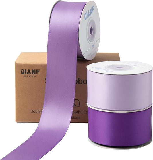 QIANF Purple Double Face Satin Ribbon 1-1/2 Inch x 45 Yards Lavender Fabric Ribbon for Gift Wrapping, Flower Bouquets, Hair Bows Making, Wedding Decoration, Invitation Cards, Christmas (3 Rolls *15Yd)