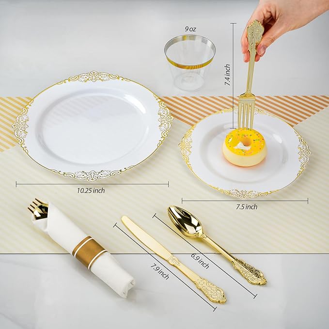 Bestluck 175PCS Gold Plastic Plates for 25 Guests, Disposable Dinnerware Sets Include 50 Gold Rim Plastic Plates, 25 Silverwares, 25 Cups, and 25 Pre Rolled Napkins for Party, Wedding and Graduation