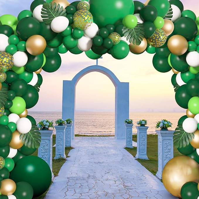 Amandir 163Pcs Jungle Party Balloons Garland Arch Kit, Gold Green Balloons Dinosaur Party Decoration with Palm Leaves for Safari Animal Wild One Birthday Baby Shower St Patricks Day Party Supplies