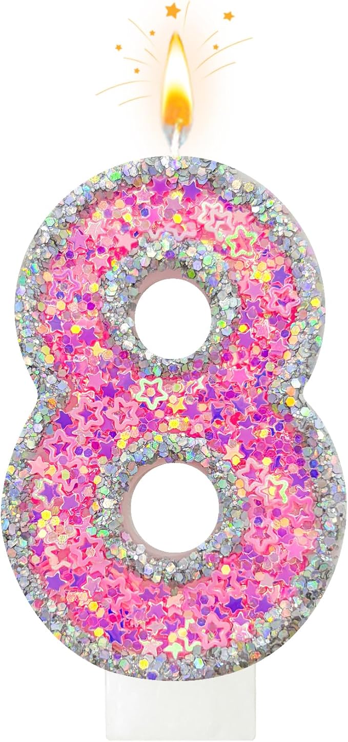Number 8 Birthday Candle for Cake – Silver Glitter Edge with Pink Star Confetti – Decorative Number Cake Topper for Anniversary & Celebration Party Decor