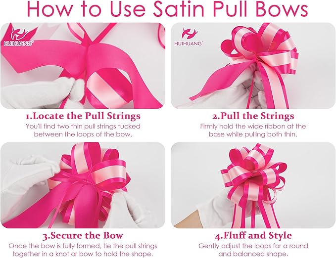 HUIHUANG Pink Pull Bows for Gift Wrapping 12 PCS Light Pink and Hot Pink Double Layer Satin Pull Bows 6" x 10" Gift Bow for Presents, Gift Basket, Birthday, Baby Shower Wedding Party Decor