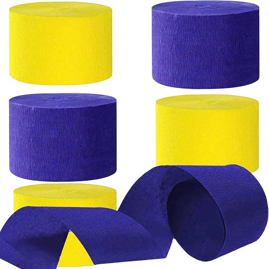 Blue and Yellow Crepe Paper Streamers Party Streamer 1.8 Inch Widening 6 Rolls,Blue Yellow Party Decorations Streamer 82 feet per roll for Birthday Party Decor