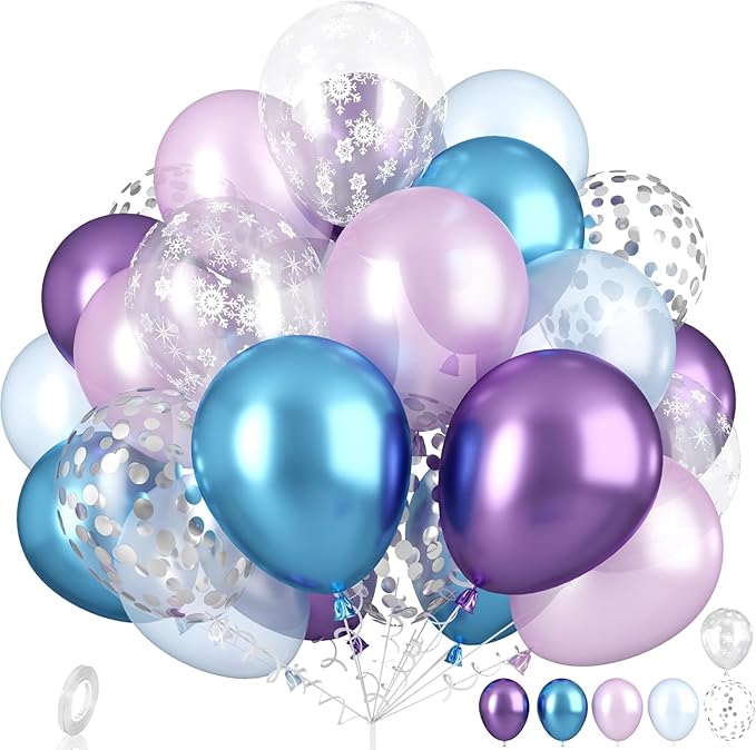 Dagelar Snow Balloons Set, Pearl Purple Blue Metallic Purple Blue Snowflake Latex Balloon with Silver Confetti Balloons for Winter Wonderland Christmas Princess Girl Birthday Baby Shower Party Decor