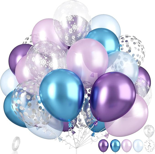 Dagelar Snow Balloons Set, Pearl Purple Blue Metallic Purple Blue Snowflake Latex Balloon with Silver Confetti Balloons for Winter Wonderland Christmas Princess Girl Birthday Baby Shower Party Decor