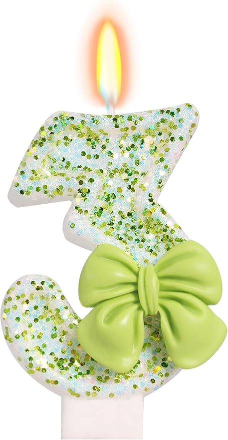 Birthday Candle for Cake, Green Bow Number Cake Candles, 2.76 inch Cake Topper Decoration for Birthday Party (Number 3)