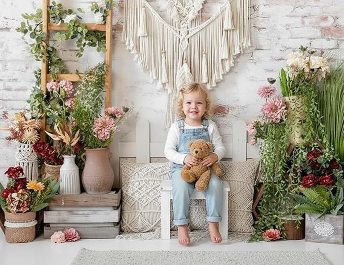 Kate 8x8ft Boho Chic Backdrops for Photography Rustic Macrame Floral Wall Hanging Photo Background for Bridal Shower Maternity Newborn Portrait Photoshoot