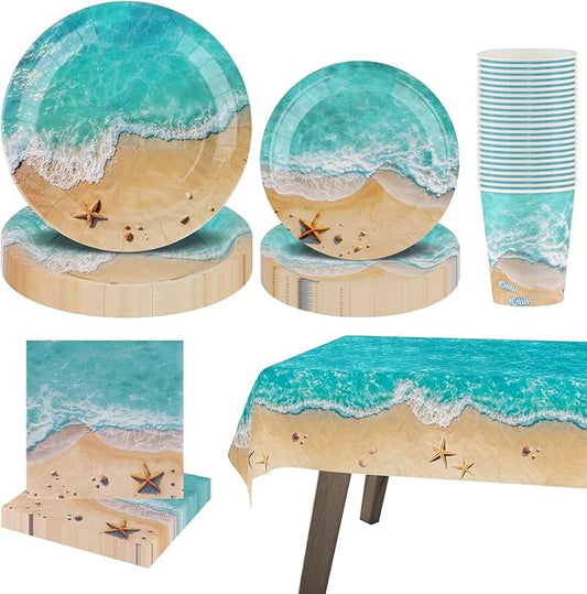 Beach Party Decorations Set for 24-Disposable Paper Plates and Napkins, Cups, Tablecloth, Tableware Summer Pool Seashell Party Decor for Hawaiian Summer Birthday Themed Party Supplies