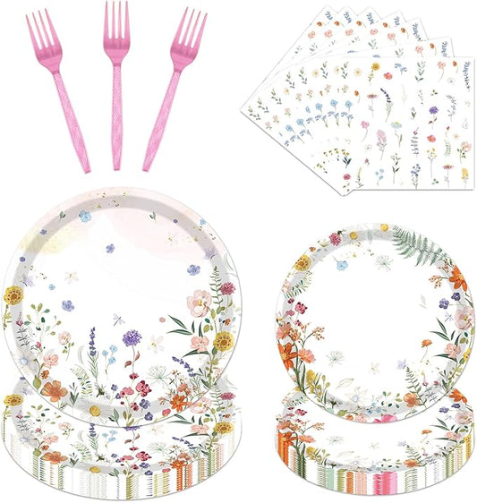 Floral Paper Plates Set - 96PCS Wildflower Party Decorations Supplies Flower Baby in Bloom Baby Shower Decorations Disposable Flower Paper Plates Napkins Tableware Spring Summer Picnic Party
