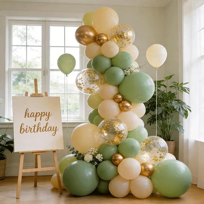 Sage Green Balloons Arch Kit， Olive Green Sand White Metallic Gold Confetti Balloons for Birthday Bridal Shower Engagement Baby Shower Party Decorations
