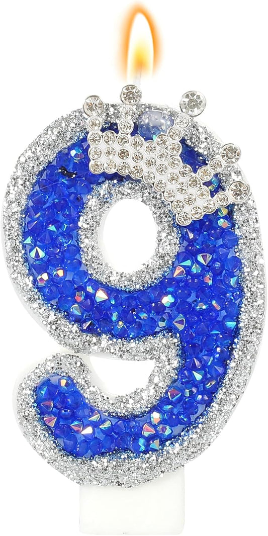 Blue Birthday Candle Crown Number 9 Candle with Sequins Cake Candles Cupcake Decorations Party Decor for Anniversary Celebrations Supplies