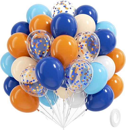 BAUANOOY Blue and Orange Balloons, 60pcs 12 Inch Orange Blue White Nude Latex Balloon with Confetti Balloons Ribbon for Baby Shower Graduation Blue Birthday Party Decorations