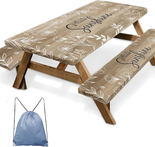 Picnic Table Cover with Bench Covers Elastic Edges, Flower Wood Camper Fitted Table Cover, Outdoor Patio Camping Essentials 72 Inch 3PCS, Waterproof Camping Fitted Tablecloth with Drawstring Bag