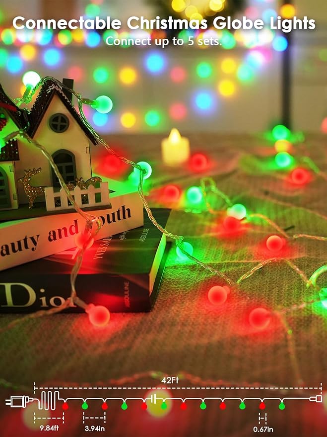 2026 New Connectable 43FT Smart Voice Controlled String Lights Indoor Outdoor | 100LED Red and Green Globe Fairy Lights with Remote, 12 Modes Waterproof Hanging Light for Bedroom Classroom Decor
