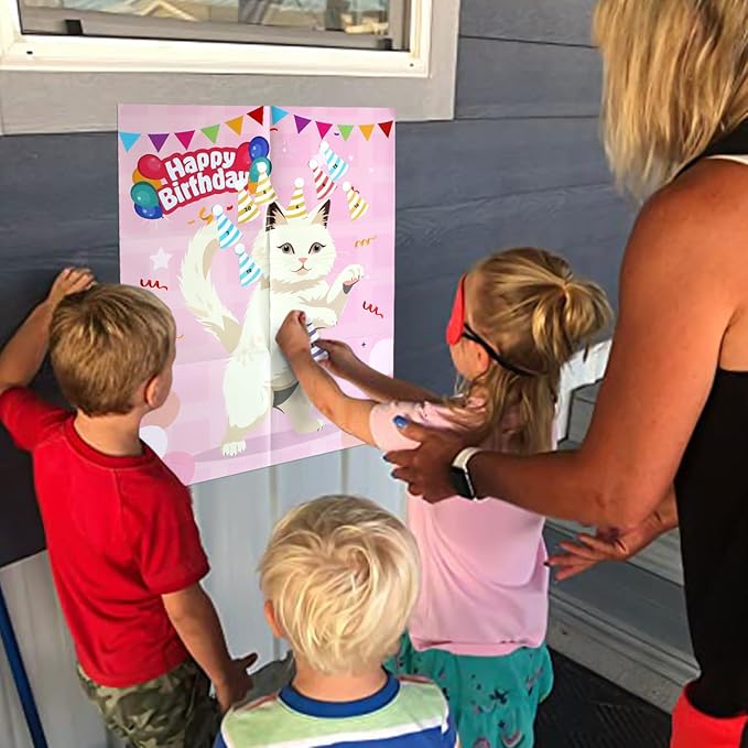 PARTYLOUD Cat Birthday Party Games, Pin The Hat on The Cat, Cat Themed Pet Party Games Toddlers Preschool Party Supplies Favors for Boys Girls Adults 24 Guests