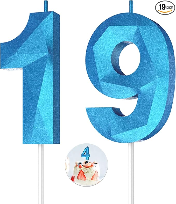 Number Birthday Candles(19 Candle Blue) 3D Diamond Shape Number Happy Birthday Cake Candles for Birthday Party Wedding Decoration Reunions Theme Party
