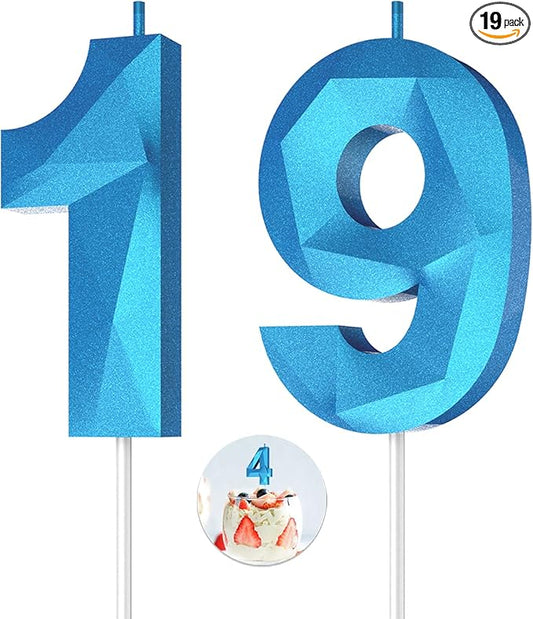 Number Birthday Candles(19 Candle Blue) 3D Diamond Shape Number Happy Birthday Cake Candles for Birthday Party Wedding Decoration Reunions Theme Party
