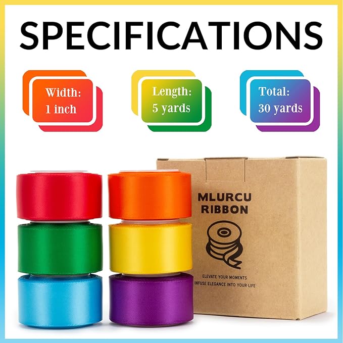 Rainbow Ribbon Pack 1 Inch Assorted Colorful Bulk Double Faced Rainbow Satin Ribbon Set for Crafts, Gift Wrapping, Easter, Baby Shower, Birthday, Fiesta Party, School, Wedding Decor, Hair Bows - 30Yds