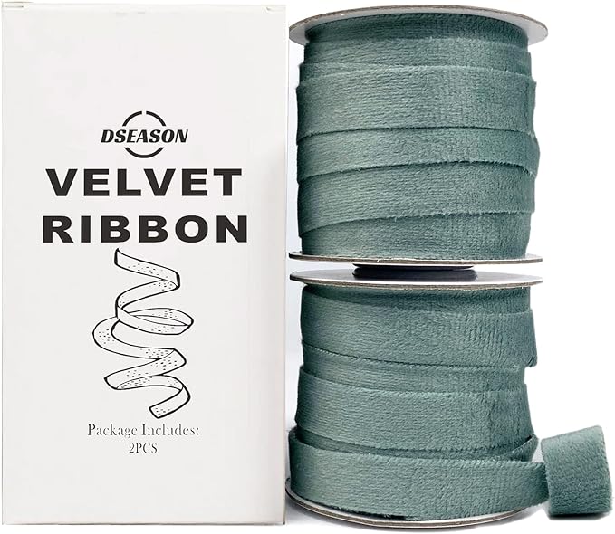 Velvet Ribbon Set 3/8" x 10 Yards, 2 Rolls 20 Yards, Dseason Handmade Dusty Green Velvet Ribbon Set for Gift Wrapping & Bow Making, Christmas Tree, Wreath Decoration, DIY Crafts Decoration