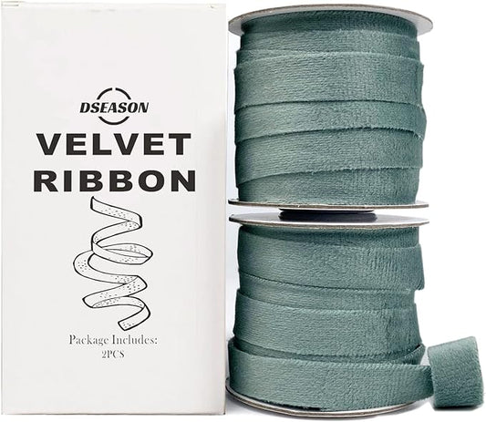 Velvet Ribbon Set 3/8" x 10 Yards, 2 Rolls 20 Yards, Dseason Handmade Dusty Green Velvet Ribbon Set for Gift Wrapping & Bow Making, Christmas Tree, Wreath Decoration, DIY Crafts Decoration