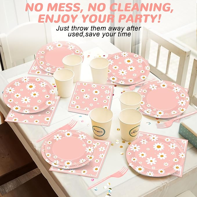 50 Guests Daisy Plates and Napkins Party Supplies Groovy Floral Party Decorations Disposable Tableware Set Pink One Two Groovy Birthday Dinnerware Favor for Summer Girls Wedding Baby Shower, 200PCS