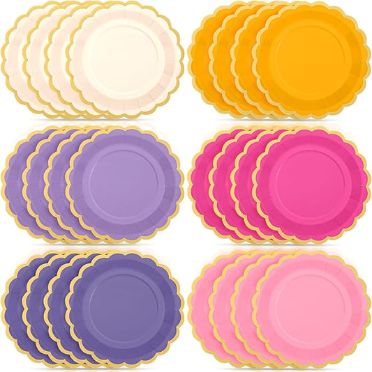48 Pcs Purple Sun Paper Plates 9 Inch Gradient Scalloped Paper Plates Disposable Dinner Dessert for Birthday Wedding Bridal Party Supplies, 6 Colors