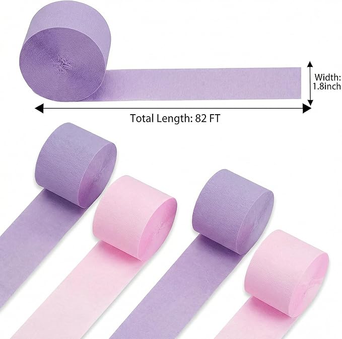 Light Pink and Prurple Crepe Paper Streamers 4Rolls 328ft,Crepe Paper Streamers for Party Wedding Decorations, Birthday Decorations, Baby Shower Xmas Annivesary Decors DIY (1.8 Inch x 82 Ft/Roll)