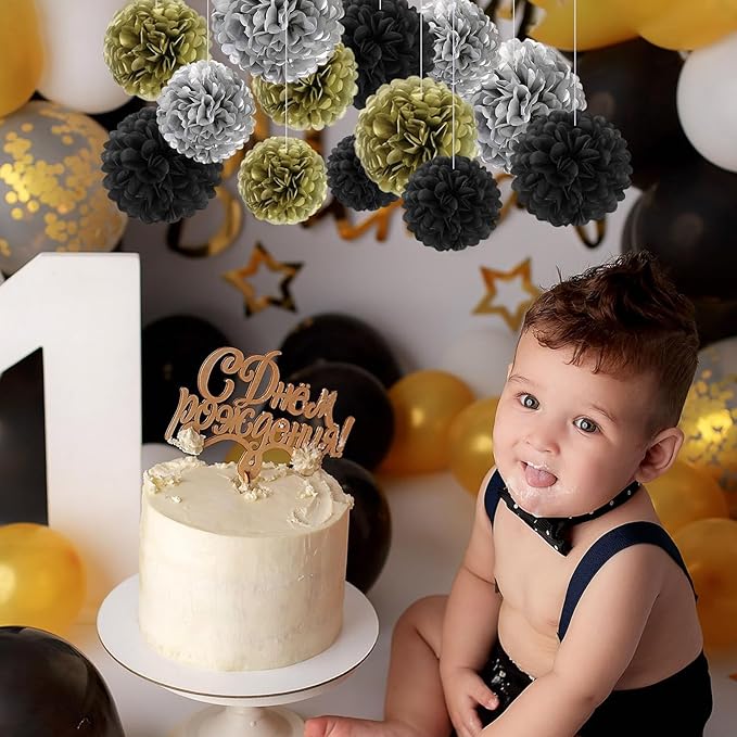 18 PCS Tissue Paper Pom Poms, Tissue Pom Poms Flowers, Sizes of 6", 10", 12", 14" Hanging Paper Flower Ball for Wedding, Birthday, Halloween, Christmas, New Years Party Decor (Black Gold Silver)